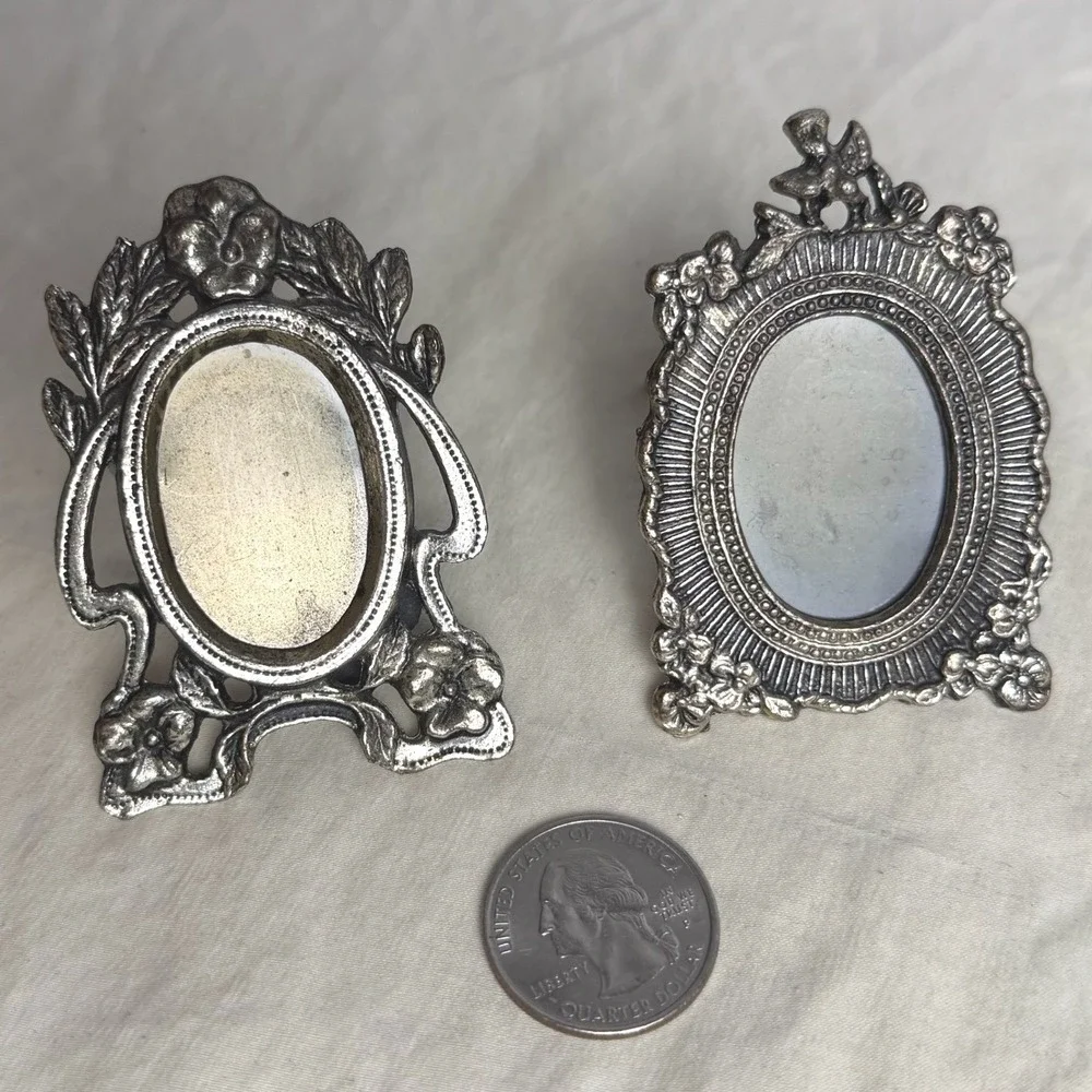 VTG Set of 2 Mini Victorian Style Silver Tone Easel Frames Oval Cherub Floral